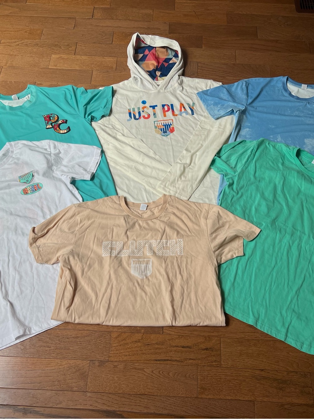 Plate Crate Tee & Hoodie Bundle of 6 in Cream, Teal,Blue Large Baseball Apparel